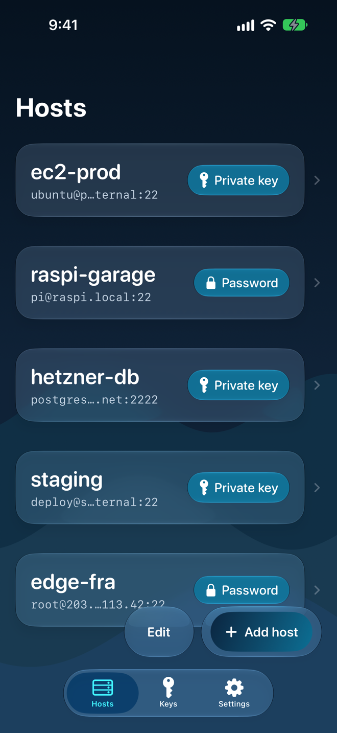 SSHWave hosts list with five saved servers, each showing its auth method